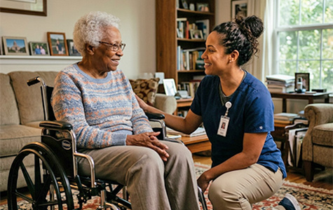 Elderly woman with caregiver